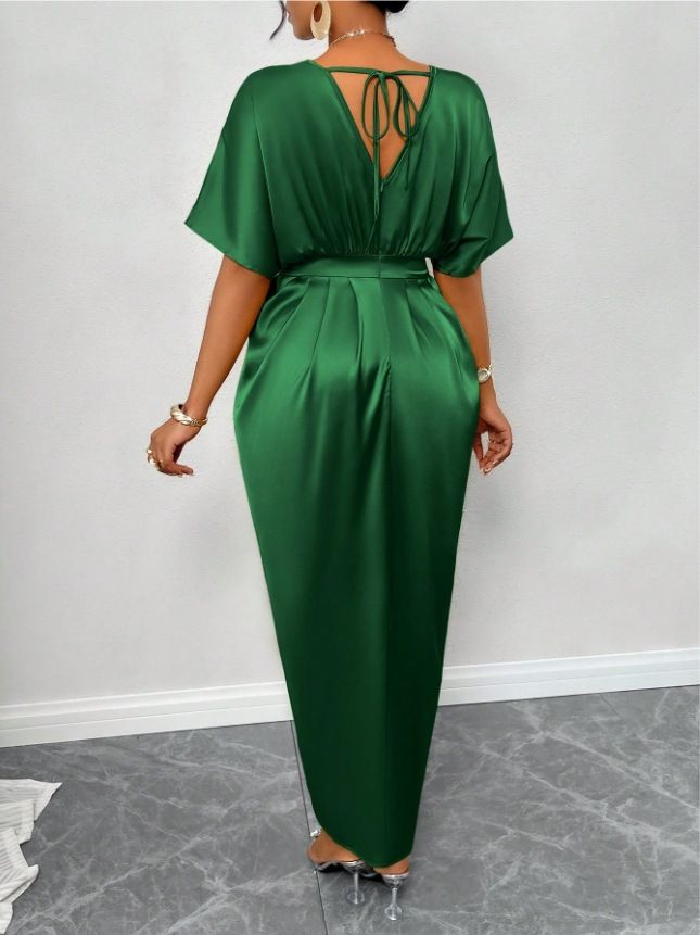 Summer New Arrival Women's Solid Color Satin V-Neck Short Sleeve Fitted Waist Skirt With Side Slit Long Skirt_ecoleips.com