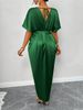 Summer New Arrival Women's Solid Color Satin V-Neck Short Sleeve Fitted Waist Skirt With Side Slit Long Skirt_ecoleips.com