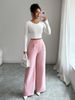 Women's Pink Button-Down Waist Pants Elegant Casual Versatile Spring Summer Polyester England Style Fashion_ecoleips.com