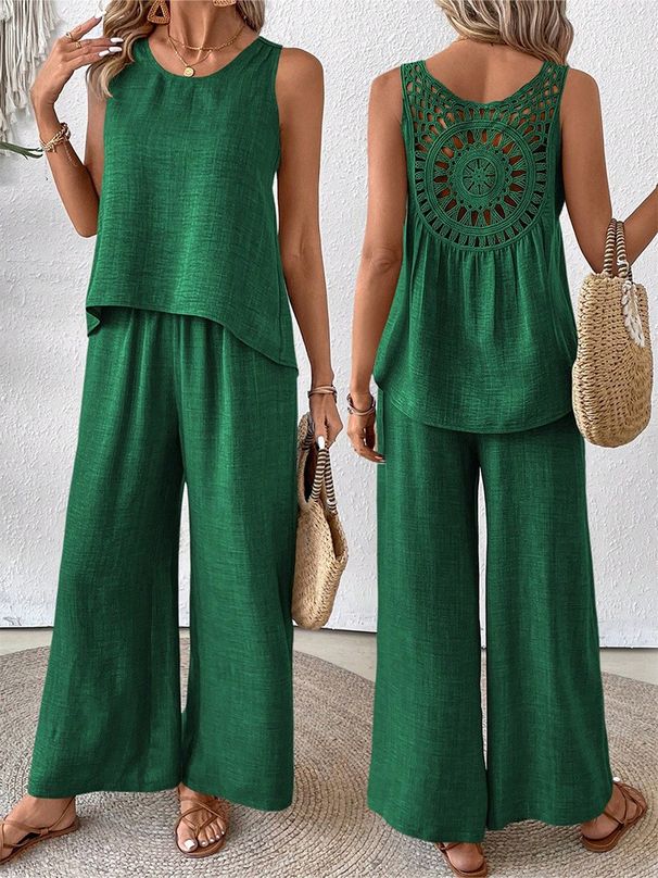 European And American Cross-border Casual Fashion Stylish New Solid Color Hollow-back Floral Set Fashionable_ecoleips.com