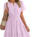 Elegant V Neck Long Dress For Women American Style Summer Waist Cinching Pleated Puff Sleeves Solid Color New 2026_ecoleips.com