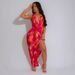 Women's Clothing Deep V Neck Beaded Halter Neck Sexy High Slit Printed Pattern Satin Texture Dress_ecoleips.com