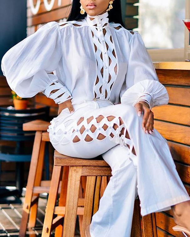 Women's Elegant Professional Lace Shirt Set Long Sleeved Solid Color Trousers Retro Two Piece Outfit_ecoleips.com