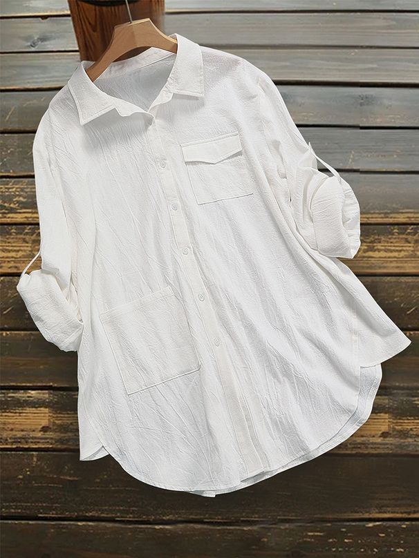 Women's Long Sleeve Button Shirt - Loose Fit Solid Color T-Shirt (European & American Style)_ecoleips.com