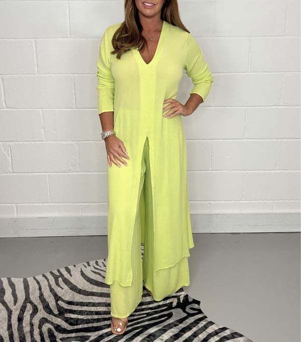 Women's Clothing Spring And Summer New Wear V Neck Long Sleeve Split Tops And Pants Two Piece Set_ecoleips.com