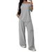 Women's Asymmetrical Neck Wide Leg Jumpsuit Set Casual Knit Two Piece Outfit with 5/4 Sleeve T-Shirt And Trousers Solid Color Loungewear_ecoleips.com
