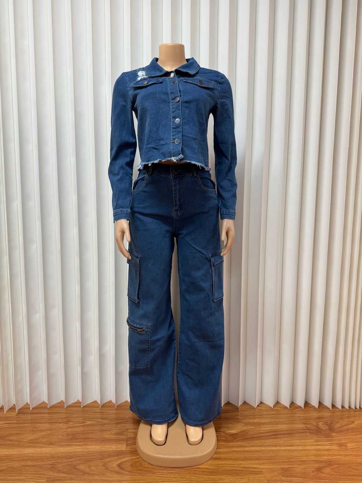 Women's Clothing Denim Suit Lapel Cardigan Long Sleeved Top Straight Trousers Two Piece Set_ecoleips.com