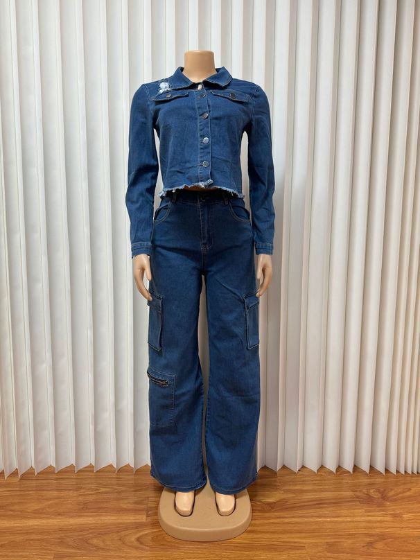 Women's Clothing Denim Suit Lapel Cardigan Long Sleeved Top Straight Trousers Two Piece Set_ecoleips.com