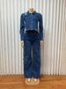 Women's Clothing Denim Suit Lapel Cardigan Long Sleeved Top Straight Trousers Two Piece Set_ecoleips.com