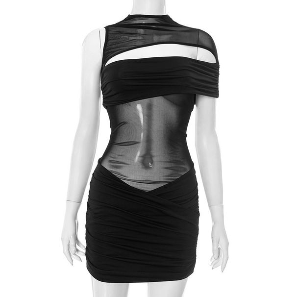 Mesh Panel Bodycon Dress, Sleeveless Round Neck Sheer Insert Mini Dress, Sexy Clubwear And Party Dress For Women_ecoleips.com