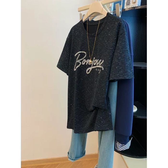 Plus Size Rhinestone Embroidered Letter T-Shirt Short Sleeved Women's Clothing 300 Lbs Summer New Style Design Top_ecoleips.com