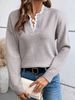 Women's V-Neck Lace Trim Knit Sweater - Solid Color Long Sleeve Pullover For Autumn & Winter_ecoleips.com