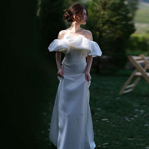 Off-Shoulder Satin Light Wedding Bride Travel Shoot French Simple Elegant Mermaid Tail Reception Outing Gown Super Fairy_ecoleips.com