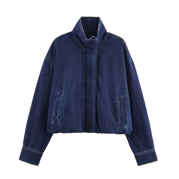 Women's Denim Jacket For Wholesale - Stylish Urban Casual Coat With Round Neck & Long Sleeves (S/M/L, Navy Blue, Polyester Fabric)_ecoleips.com