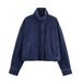 Women's Denim Jacket For Wholesale - Stylish Urban Casual Coat With Round Neck & Long Sleeves (S/M/L, Navy Blue, Polyester Fabric)_ecoleips.com