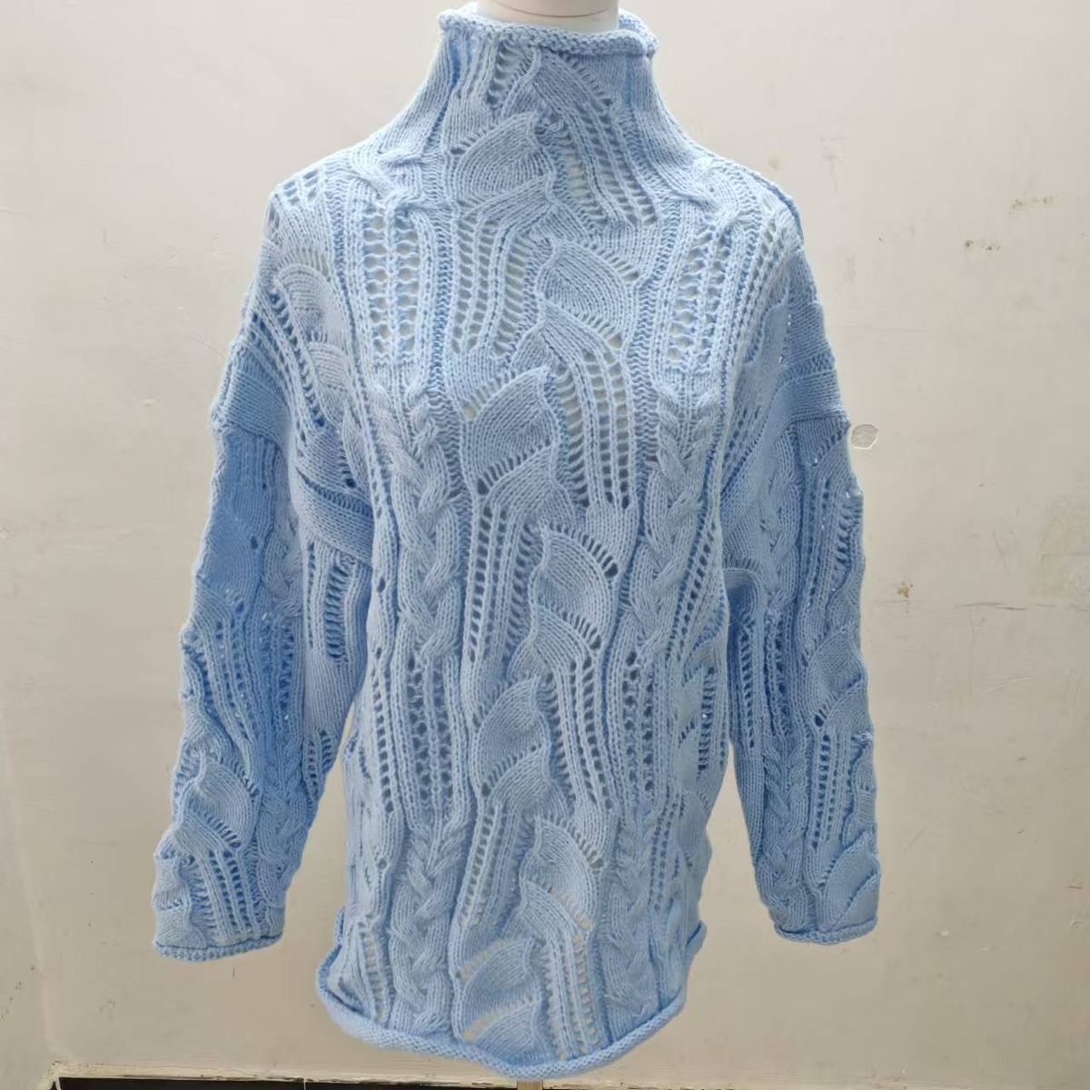 K Solid Color Semi High Neck Hollow Knit Sweater As Base Sweater_ecoleips.com