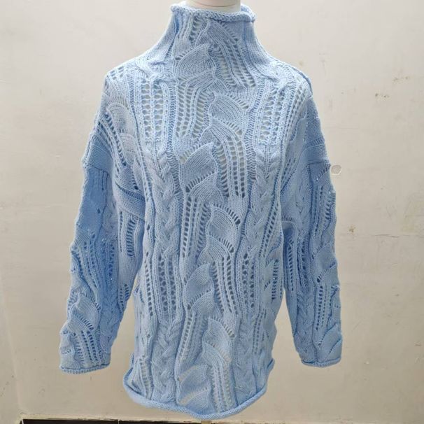 K Solid Color Semi High Neck Hollow Knit Sweater As Base Sweater_ecoleips.com