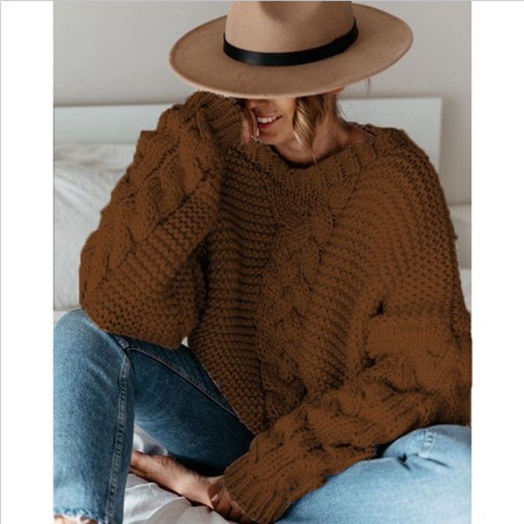 Chunky Knit Sweater – Oversized V-Neck Cable Pullover (S-4XL, 12 Colors, Polyester-Cotton Blend, Fall/Winter Essential)_ecoleips.com
