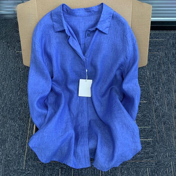 Women's Clothing Linen Casual Cotton And Linen Lapel Sun Protection Tops Summer New Thin Shirt Shirt Cardigan Jacket Loose Long Sleeves_ecoleips.com