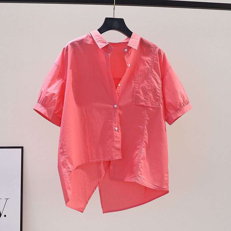 Women's Clothing Cotton Simple Summer Thin Short Sleeved Shirt Women Loose Medium Length Single Pocket Cardigan Shirt_ecoleips.com
