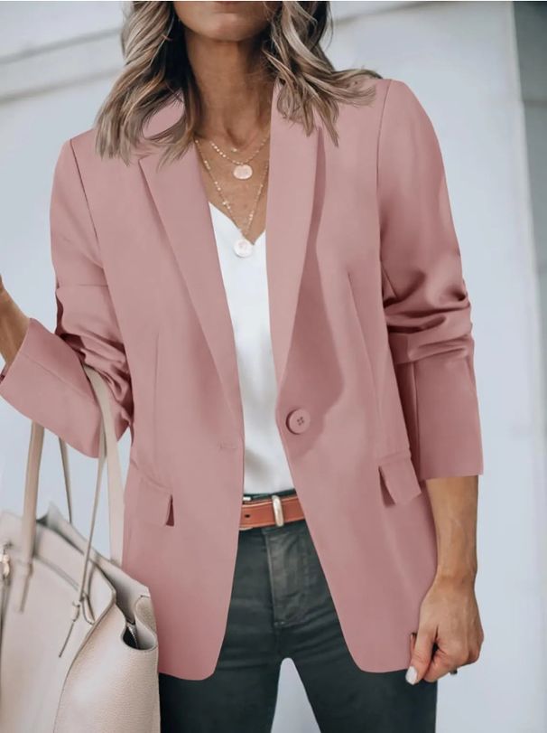 Single-Button Blazer For Women - Fall Office Casual Jacket With Notch Lapel & Functional Pockets, Stretch Polyester Blend In 10 Colors_ecoleips.com