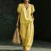 Women's V-Neck Bubble Sleeve Short Sleeve Top And Shorts Set, Solid Color Casual Summer Outfit_ecoleips.com