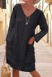Women's Casual Long Sleeved V Neck Dress Loose Fit Solid Color Cotton Linen Pocket Detail Autumn Winter Clothing_ecoleips.com