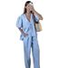 Women's Clothing Sweet Atmosphere Pure Color V Neck Bubble Short Sleeve Lace Up Trousers Suit_ecoleips.com