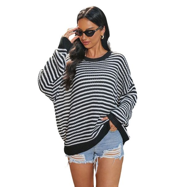 Voya Women's Spring/Summer New Round Neck Striped Off Shoulder Knitted Sweater With Fallen Shoulder Sleeves, Lazy Fashion Versatile Hoodie_ecoleips.com