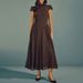 French Elegant Stand Collar A-Line Party Dress Spring Solid High Waist Pleated Long Dress Summer Short Sleeve Women's Maxi Dress_ecoleips.com