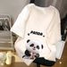 Women's White Round Neck Short Sleeve T-Shirt Cartoon Panda Design Summer 2024 Loose Fit Mid-Length Top For Wholesale_ecoleips.com