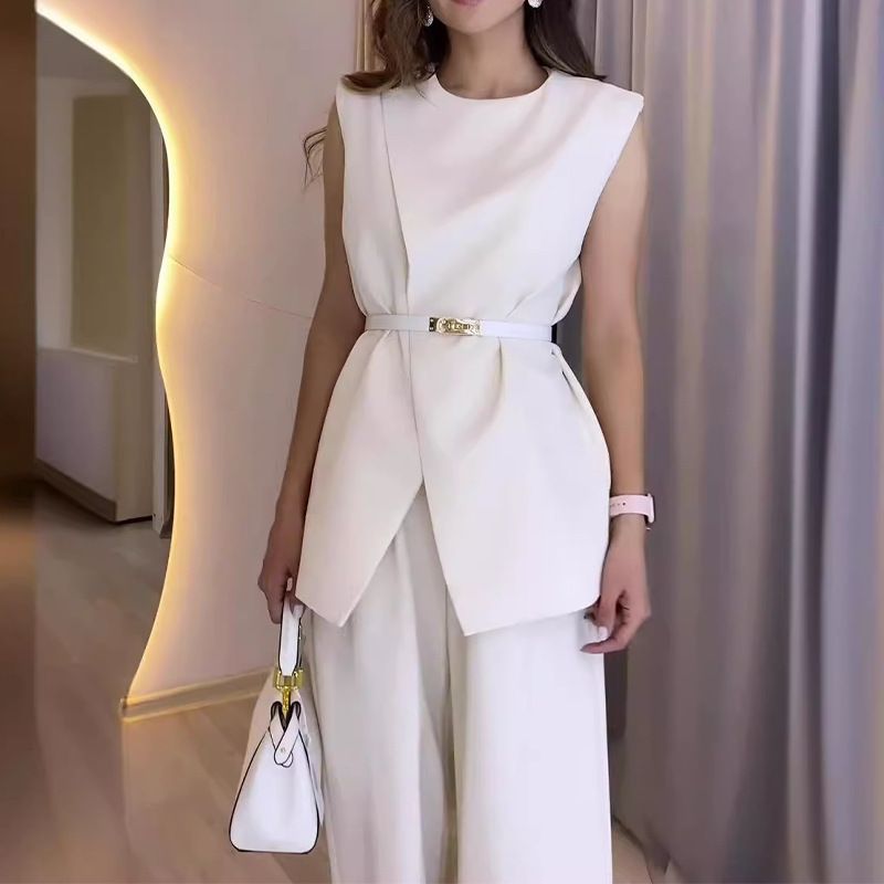 Summer Women's Sleeveless Belted High-Waist Wide Leg Pants Set – Office Chic & Casual Elegance, Polyester Stretchy Fabric, Black/White_ecoleips.com