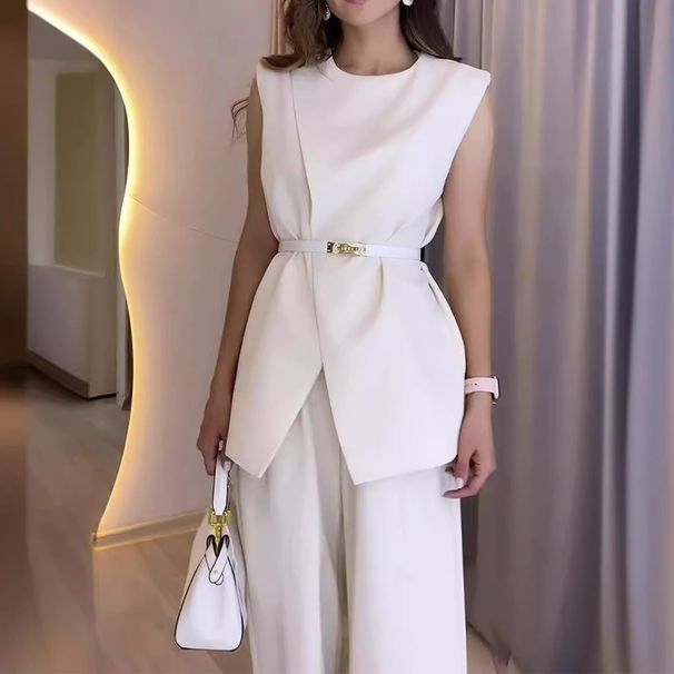 Summer Women's Sleeveless Belted High-Waist Wide Leg Pants Set – Office Chic & Casual Elegance, Polyester Stretchy Fabric, Black/White_ecoleips.com