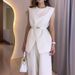 Summer Women's Sleeveless Belted High-Waist Wide Leg Pants Set – Office Chic & Casual Elegance, Polyester Stretchy Fabric, Black/White_ecoleips.com