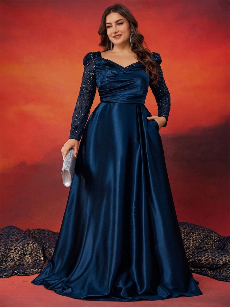 Plus Size Sequined V Neck Long Sleeved Dress American Style For Formal Evening Parties Banquets Women's Party Wear_ecoleips.com