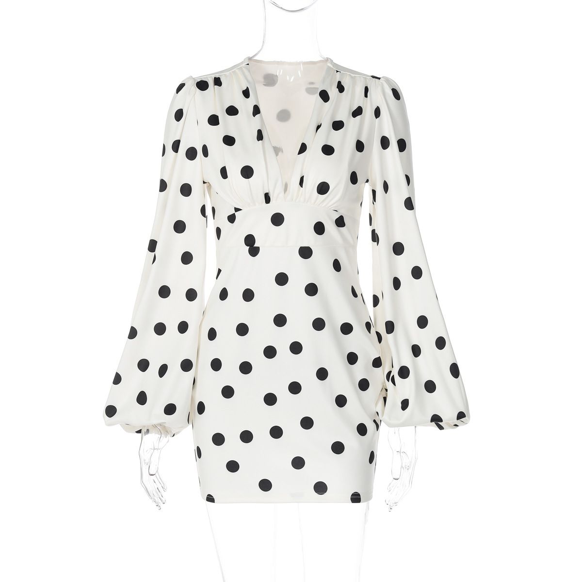 Elegant Deep V-Neck Flared Sleeve Bodycon Dress With Polka Dot Print For Women, Stretchy Polyester Spandex Fabric, Comfortable And Sexy Fit For Party_ecoleips.com