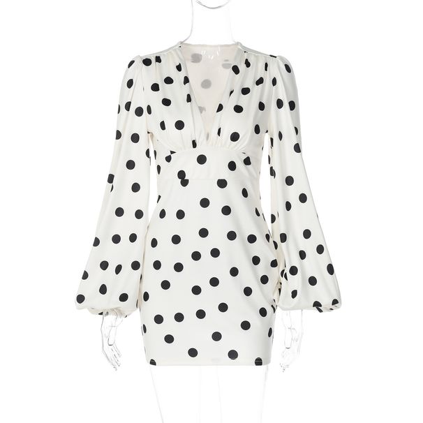 Elegant Deep V-Neck Flared Sleeve Bodycon Dress With Polka Dot Print For Women, Stretchy Polyester Spandex Fabric, Comfortable And Sexy Fit For Party_ecoleips.com