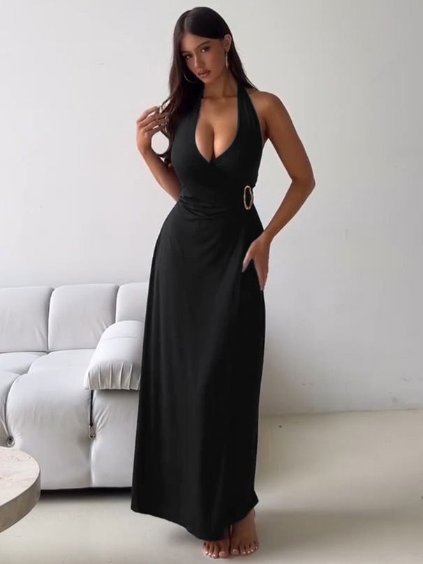 Hugcitar Halter V Neck Backless Ruched Sexy Bodycon Maxi Prom Dress Summer Women Fashion Clothes Evening Party Birthday Vacation_ecoleips.com
