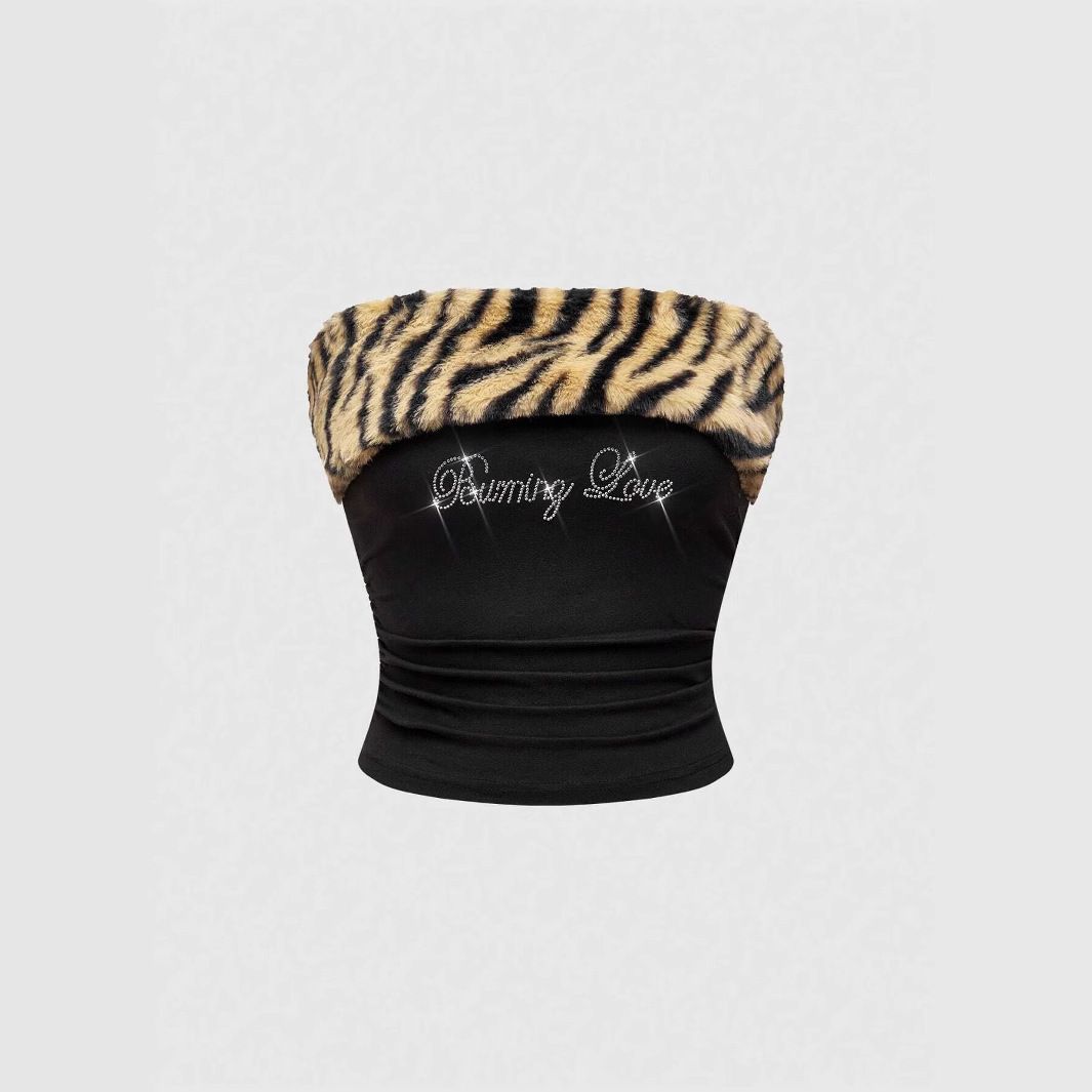 Women's Strapless Tank Top Sweet And Spicy Design Slim Fit Tight Plush Leopard Print Patchwork Cropped European American Style Hot Girl_ecoleips.com