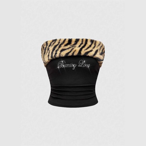 Women's Strapless Tank Top Sweet And Spicy Design Slim Fit Tight Plush Leopard Print Patchwork Cropped European American Style Hot Girl_ecoleips.com