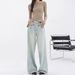 KENH Light Blue Loose Straight Wide-leg Jeans, New Women's Design With Embroidery, Floor-length Pants_ecoleips.com