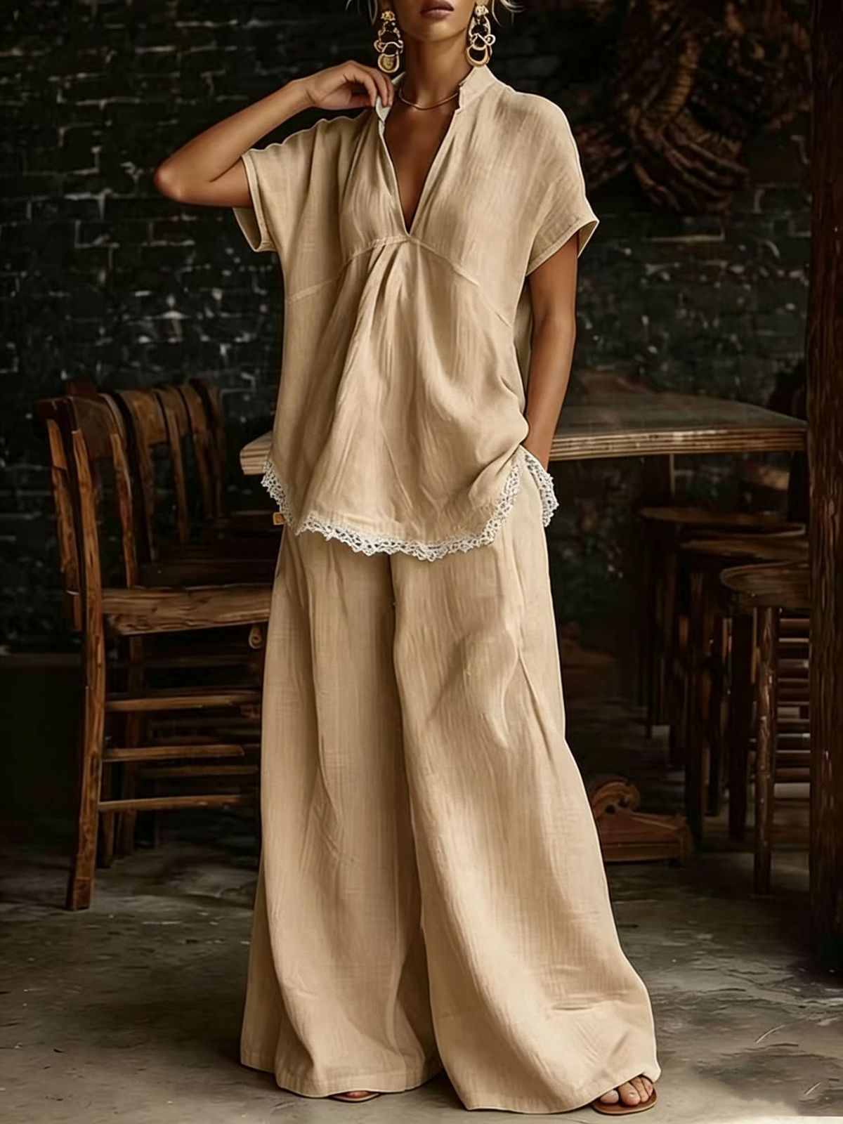 Women's Summer Comfort Outfit Casual Short Sleeve Shirt And Loose Fit Pants Two Piece Set_ecoleips.com
