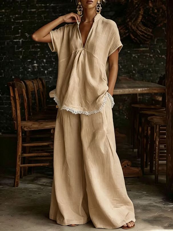 Women's Summer Comfort Outfit Casual Short Sleeve Shirt And Loose Fit Pants Two Piece Set_ecoleips.com