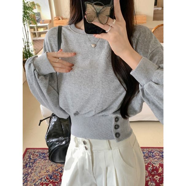 American Style Real Shot Chinese Cotton Blend Korean Chic Autumn Design Button Long Sleeve Short Oversized Sweatshirt_ecoleips.com