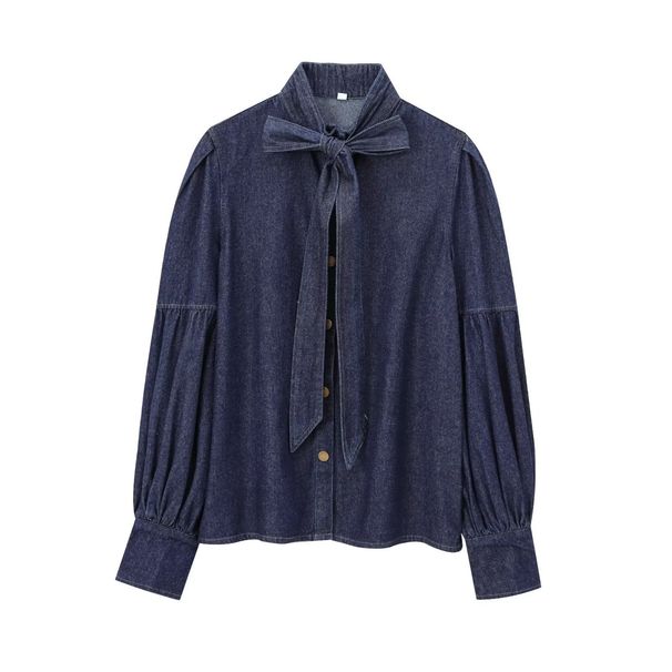 K European And American Style Women's Fashion New Lace Up Bow Denim Shirt_ecoleips.com