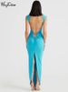 Hugcitar Elegant Solid Straps Sleeveless Backless Metal Loop Draped Slit Maxi Dress Summer Women Clothes Evening Party Vacation_ecoleips.com
