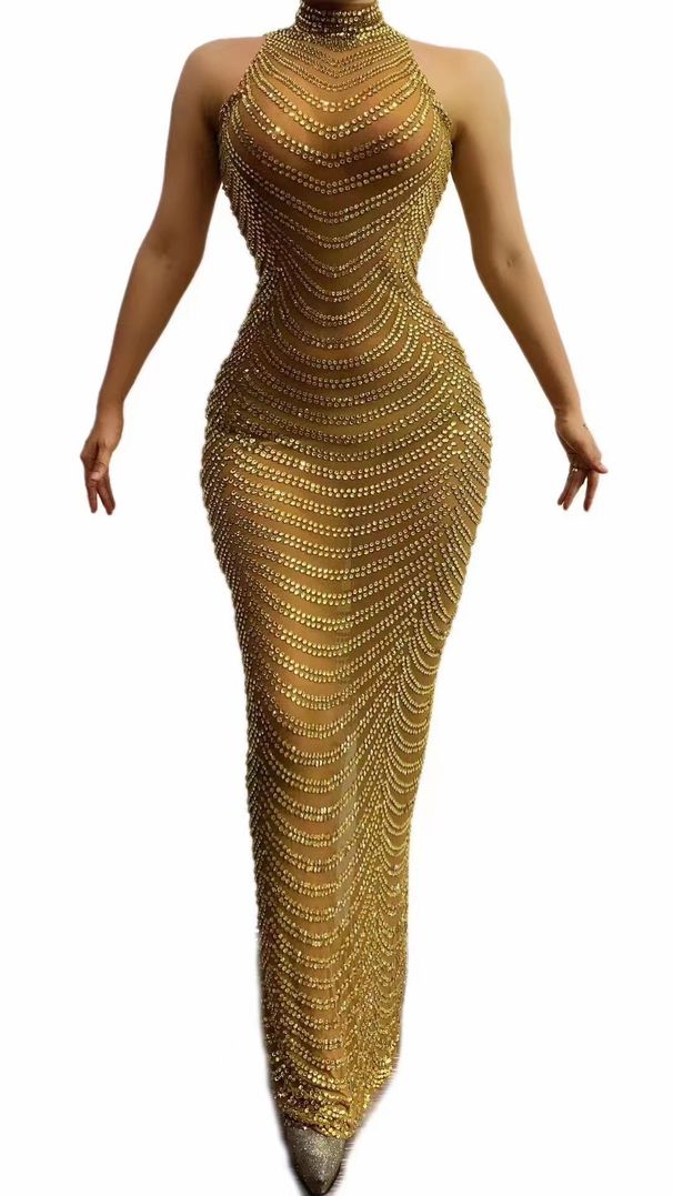 Flared Bodycon Dress With Rhinestones And Mesh Birthday Party Evening Gown For Women_ecoleips.com