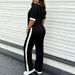Summer Fashion Women's LA Logo Color Block round Neck Short Sleeve Loose Casual Wide Leg Pants Two Piece Set_ecoleips.com