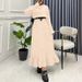 Elegant Muslim Long Sleeve Maxi Dress With Belt - High Waist Knitted Office Dress For Women - Soft Polyester Blend Stretchy Fabric - Beige_ecoleips.com