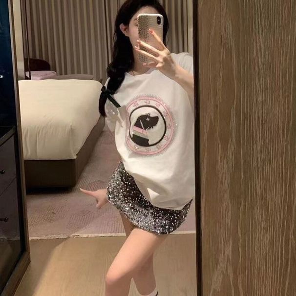 High-end Heavy-duty Rhinestone Kitty Cat Short-sleeve T-shirt For Women, Sweet And Fresh, Mid-length Summer Dopamine Top_ecoleips.com